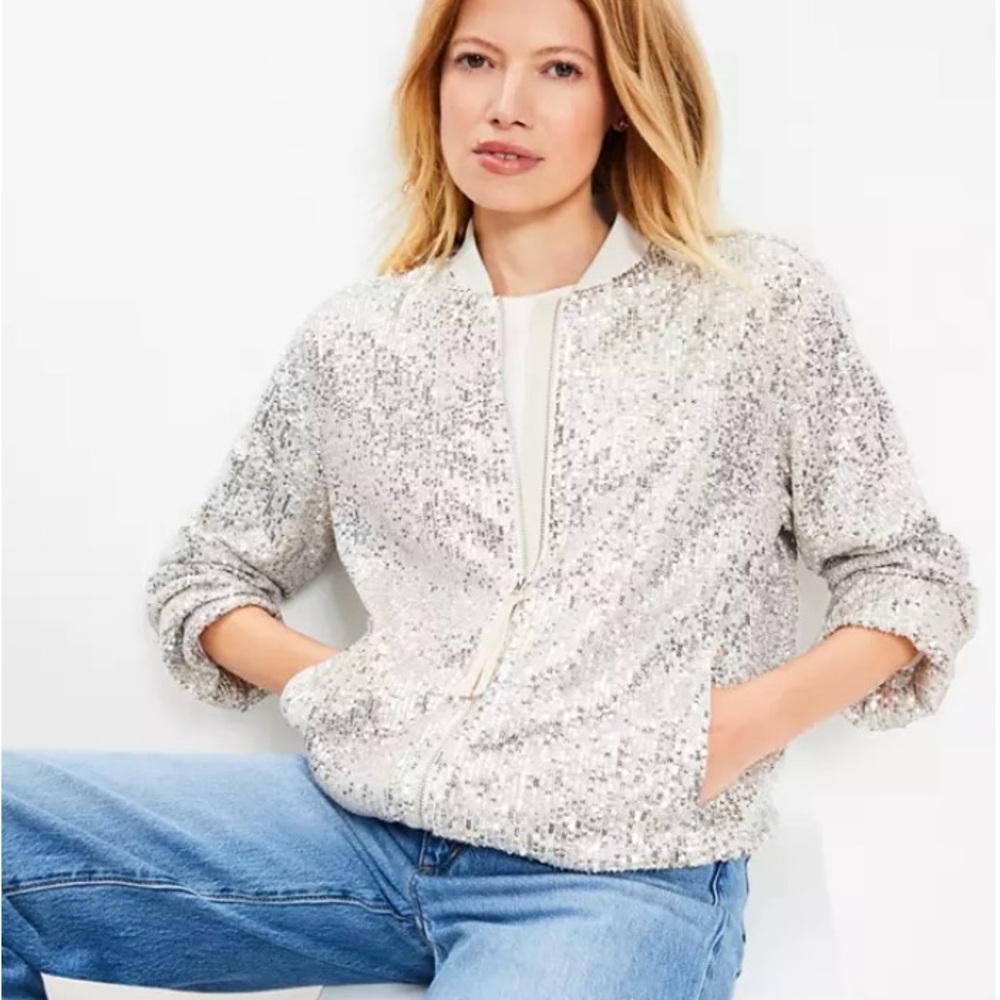 LOFT Silver Sequin Bomber Jacket